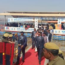 Dignitaries using IWAI jetty and vessels before taking holy dip in the Ganga during Maha Kumbh-2025