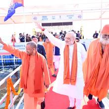 Dignitaries using IWAI jetty and vessels before taking holy dip in the Ganga during Maha Kumbh-2025