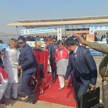 Dignitaries using IWAI jetty and vessels before taking holy dip in the Ganga during Maha Kumbh-2025